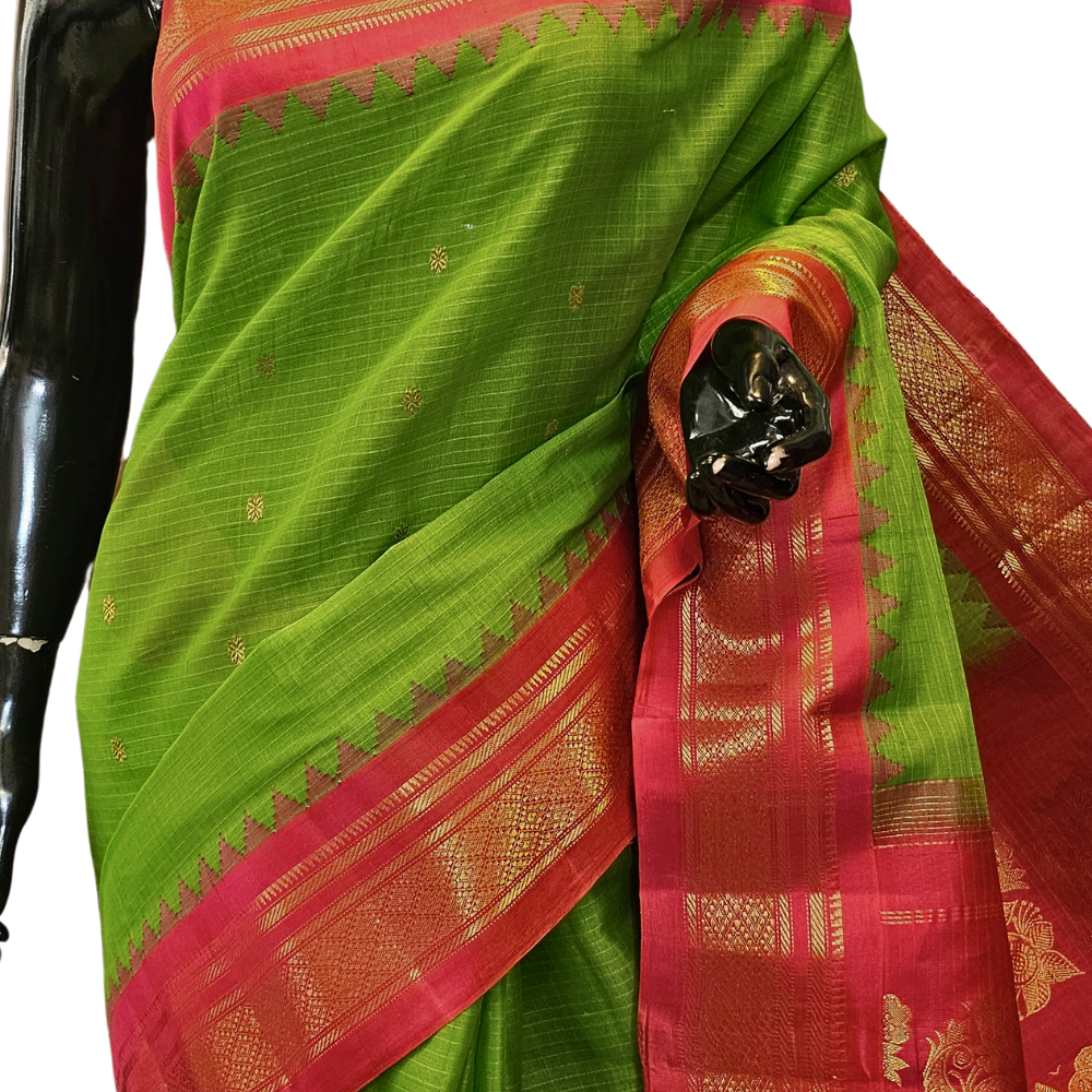 Traditional Gadwal SiCo saree featuring exquisite zari woven borders and blouse piece.
