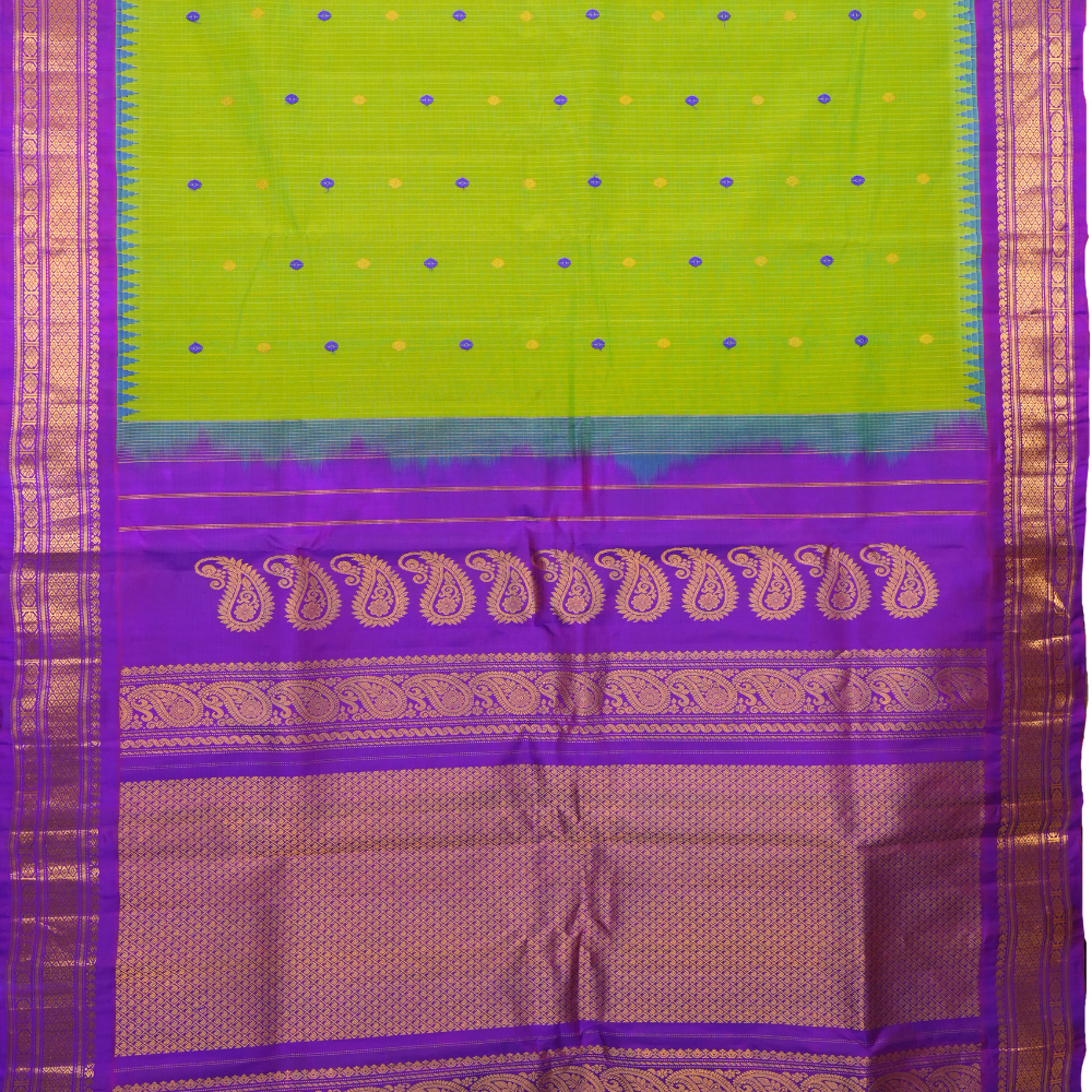 Traditional Gadwal SiCo saree featuring exquisite zari woven borders and blouse piece.

