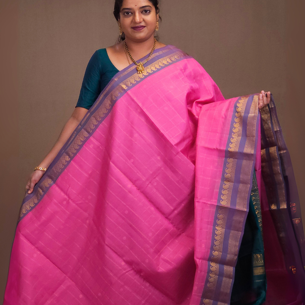 Woman wearing a pink saree with a brown background
