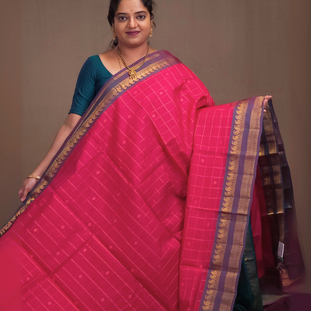 Woman wearing a pink saree with a brown background
