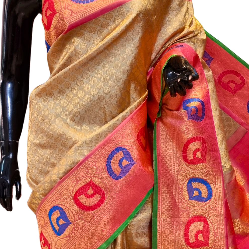 Cream Pure Handloom Gadwal Silk Saree with onion pink Meena turning borders and rich zari brocade pallu

