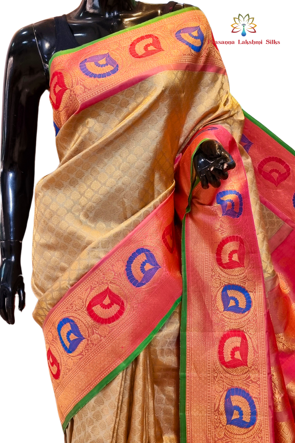 Cream Pure Handloom Gadwal Silk Saree with onion pink Meena turning borders and rich zari brocade pallu

