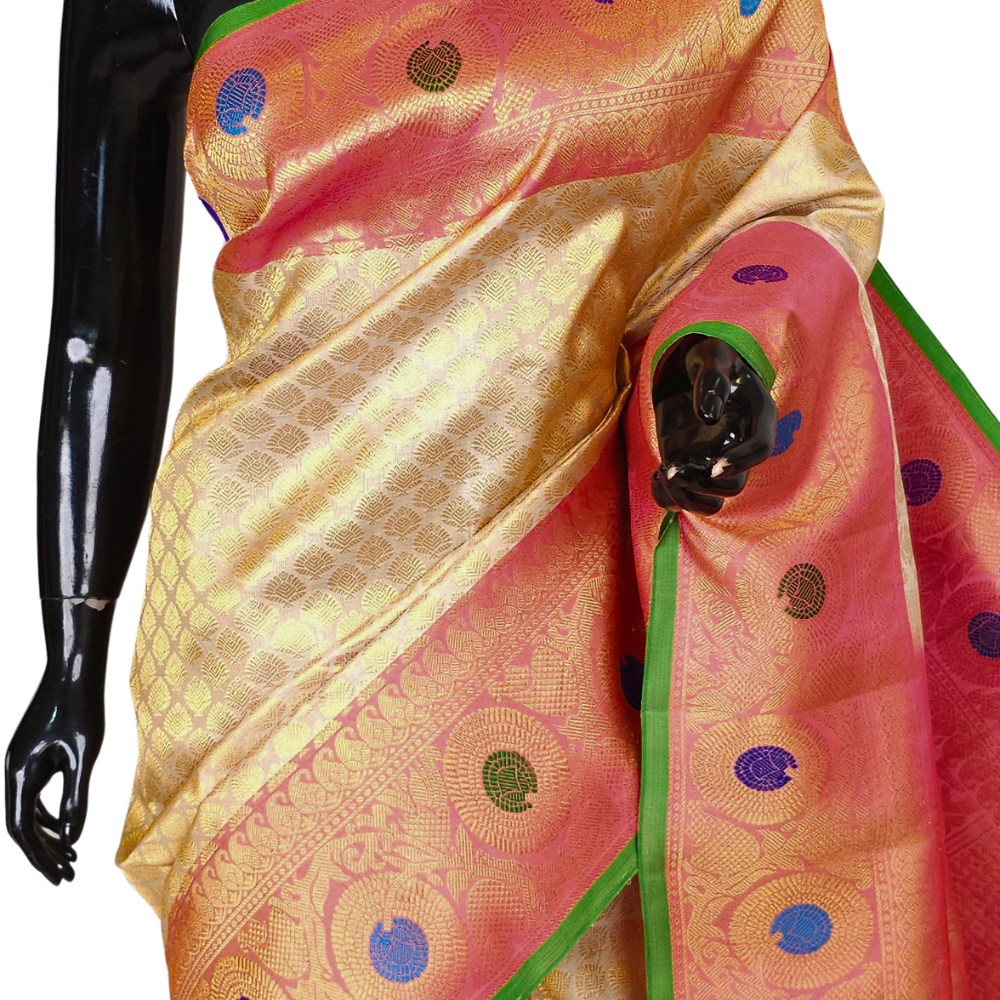 Cream Pure Handloom Gadwal Silk Saree with onion pink Meena turning borders and rich zari brocade pallu

