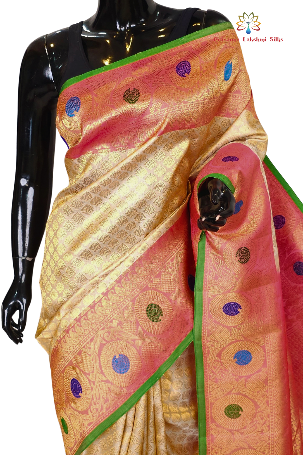Cream Pure Handloom Gadwal Silk Saree with onion pink Meena turning borders and rich zari brocade pallu

