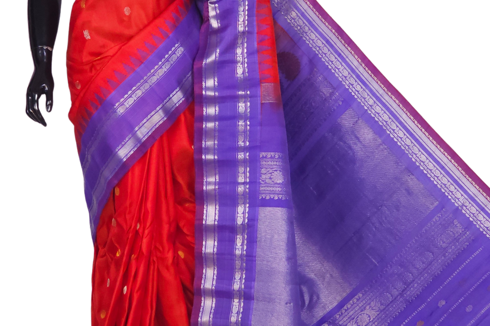 Dark Orange Handloom Gadwal Pure Silk Saree with lavender zari woven border and rich brocade pallu