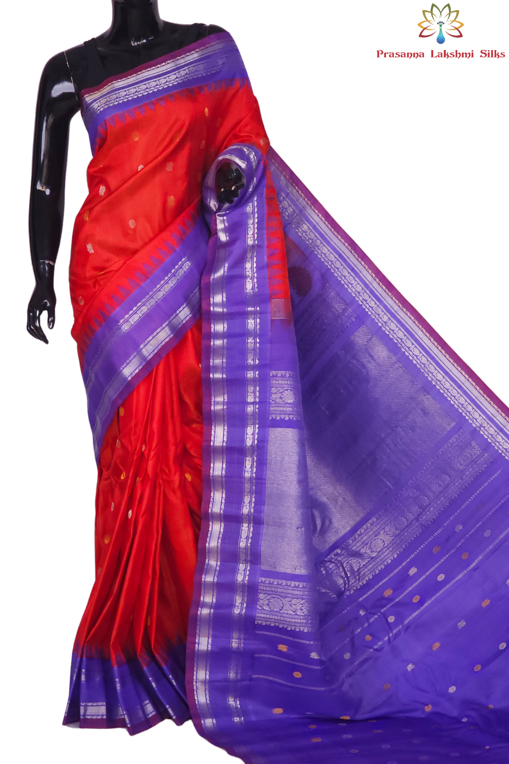 Dark Orange Handloom Gadwal Pure Silk Saree with lavender zari woven border and rich brocade pallu