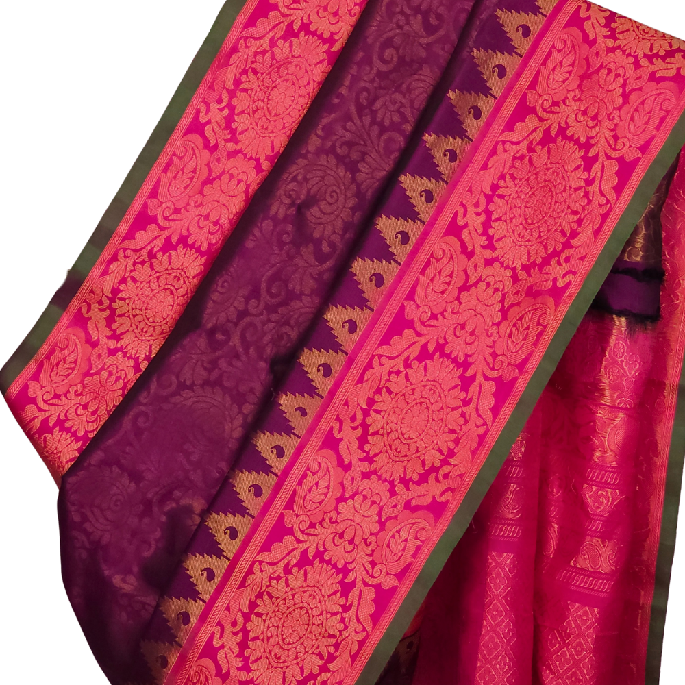 Deep Purple Pure Handloom Gadwal Silk Saree with pink turning borders and rich zari brocade pallu

