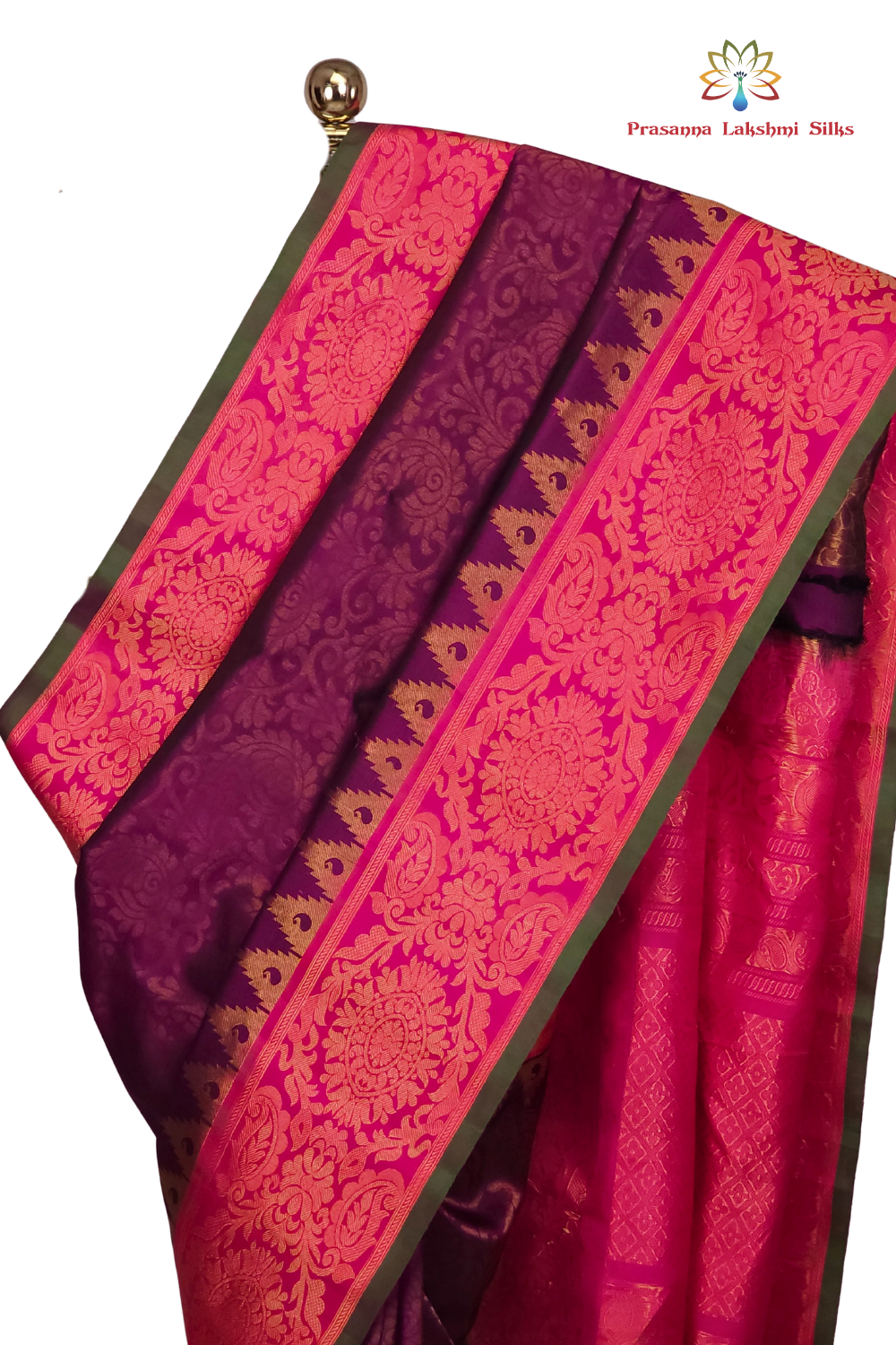 Deep Purple Pure Handloom Gadwal Silk Saree with pink turning borders and rich zari brocade pallu

