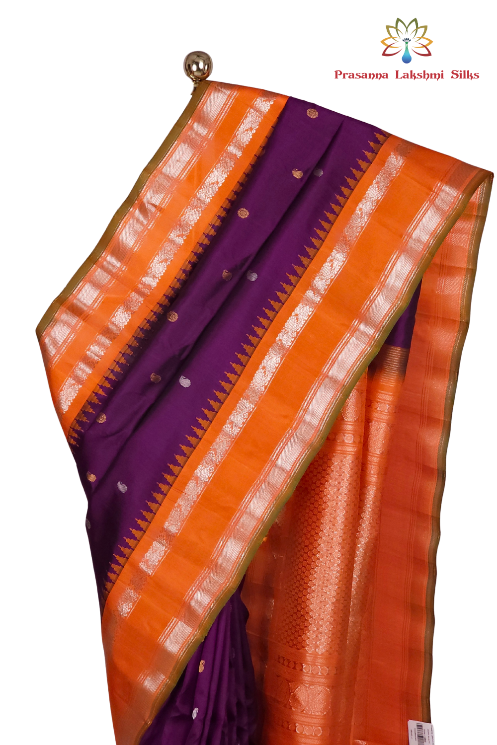 Deep Violet Handloom Gadwal Pure Silk Saree with rich orange zari woven border and brocade pallu

