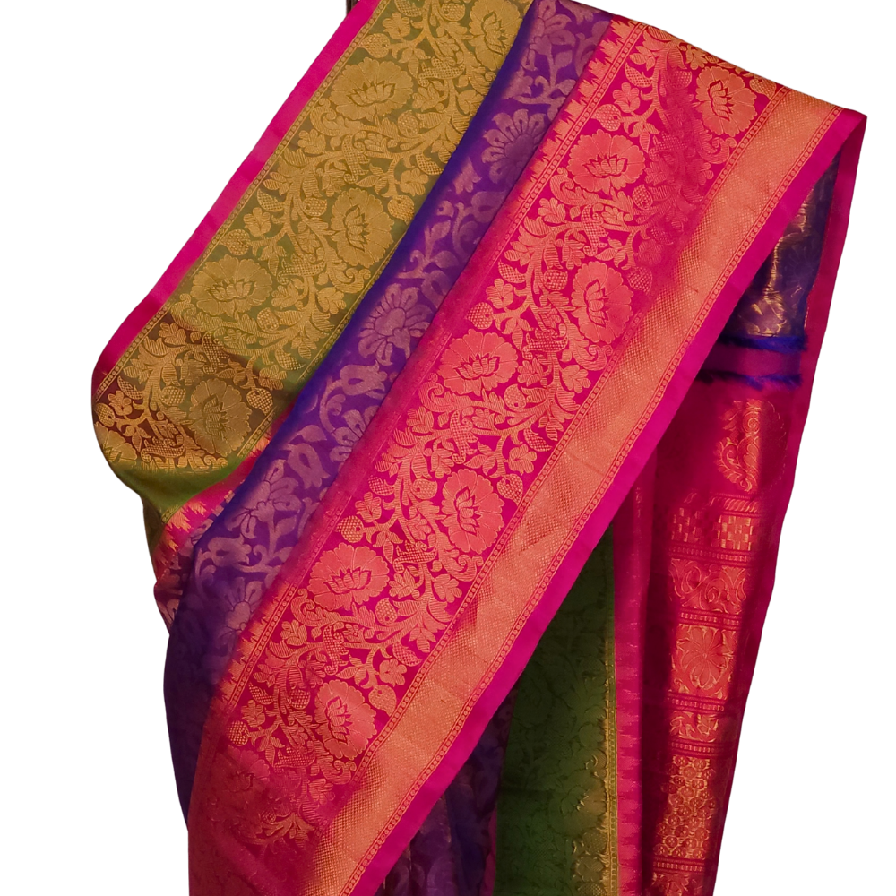 Dual Shade Blue and Red Pure Handloom Gadwal Silk Saree with pink turning borders and rich zari brocade pallu

