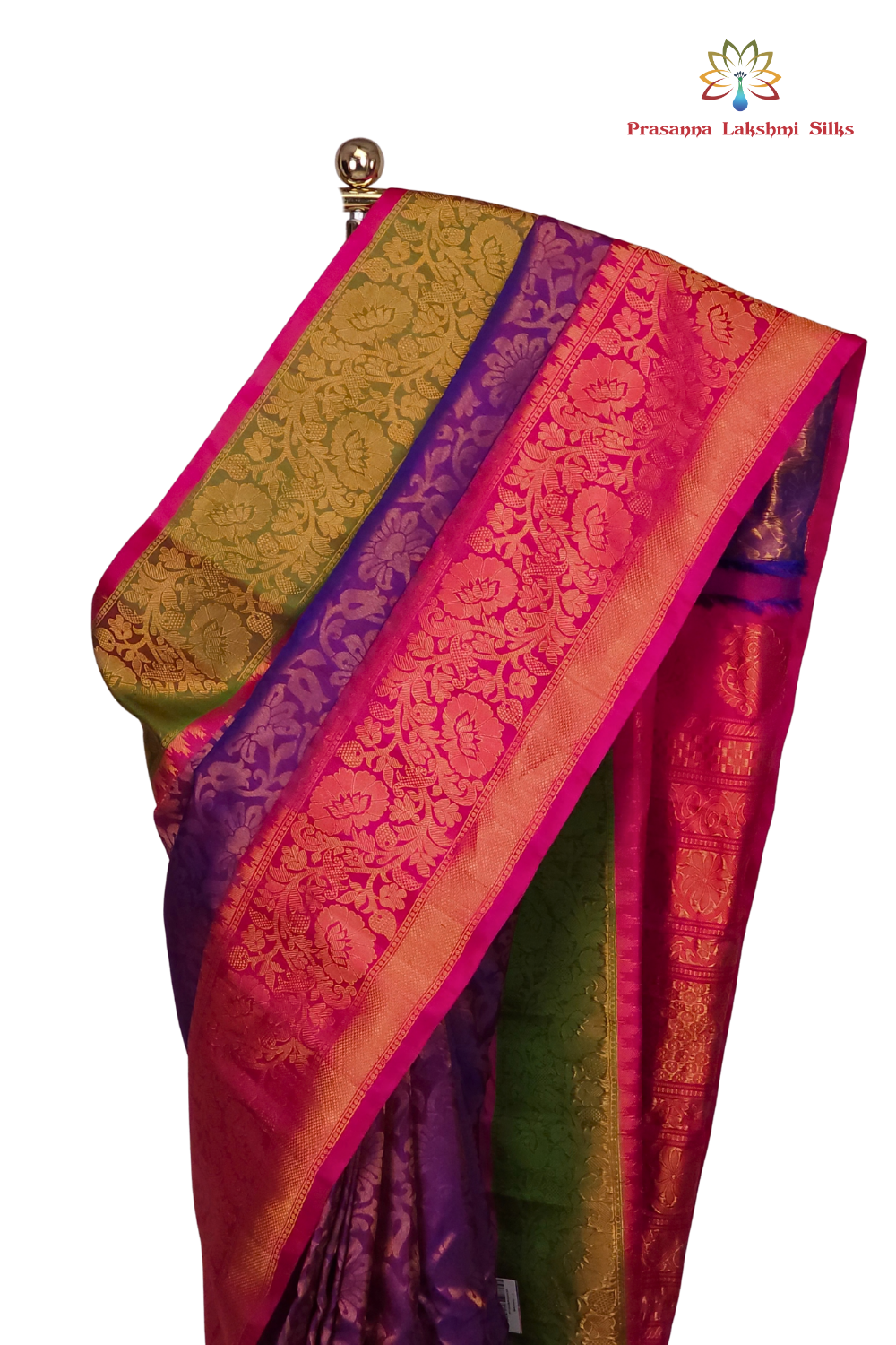 Dual Shade Blue and Red Pure Handloom Gadwal Silk Saree with pink turning borders and rich zari brocade pallu

