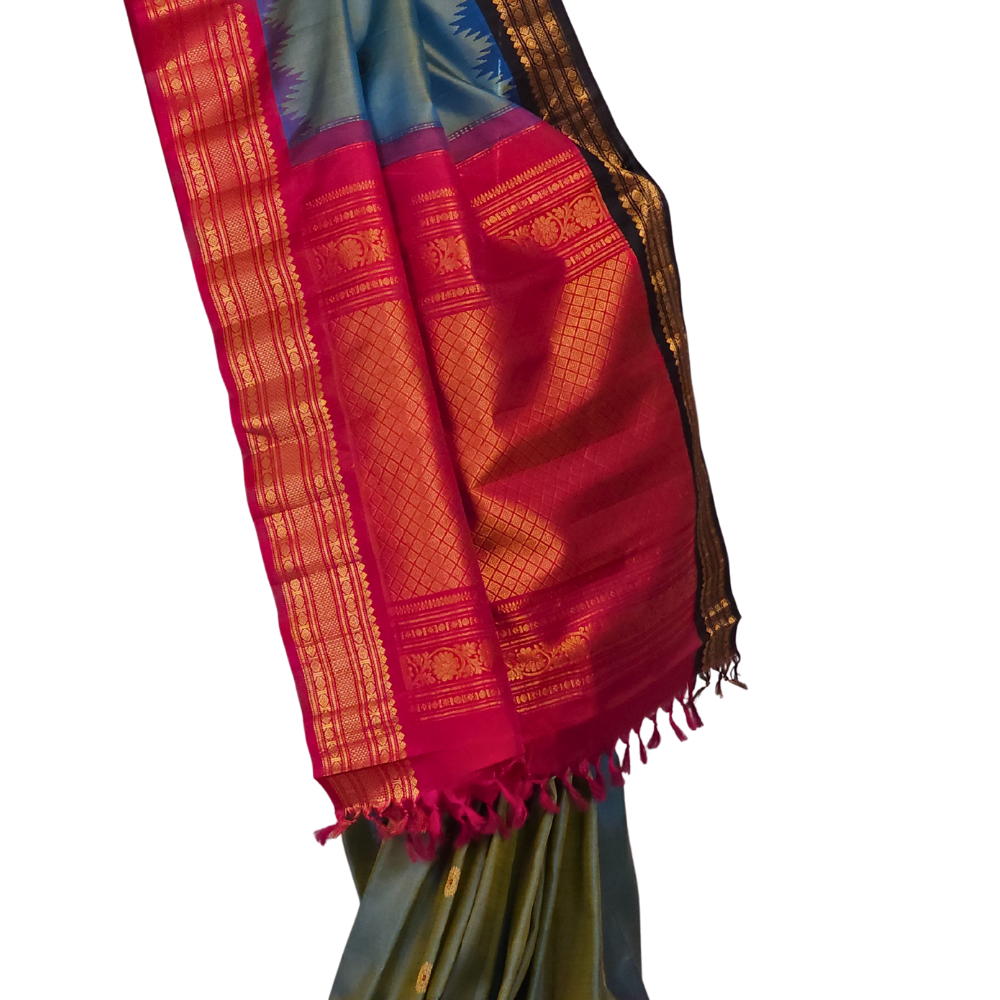 Dual Shade Gold and Blue Handloom Gadwal Pure Silk Saree with Pink and Black Ganga Jamuna zari woven borders and brocade pallu

