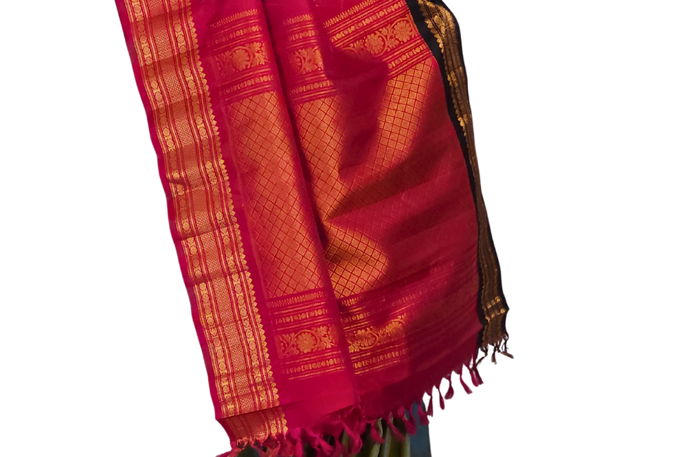 Dual Shade Gold and Blue Handloom Gadwal Pure Silk Saree with Pink and Black Ganga Jamuna zari woven borders and brocade pallu


