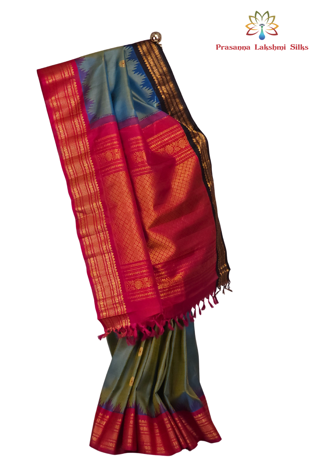 Dual Shade Gold and Blue Handloom Gadwal Pure Silk Saree with Pink and Black Ganga Jamuna zari woven borders and brocade pallu

