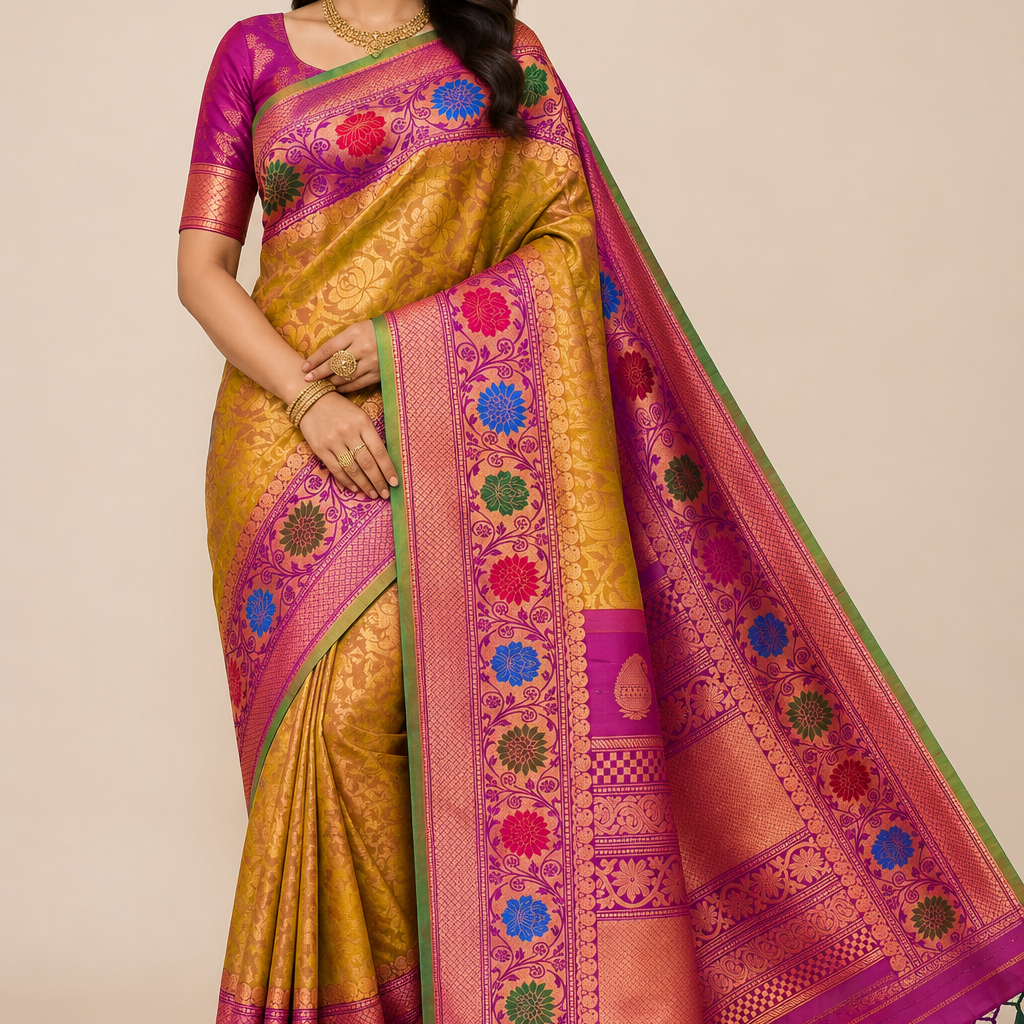 Dual Shade Green & Purple Gadwal Silk Saree