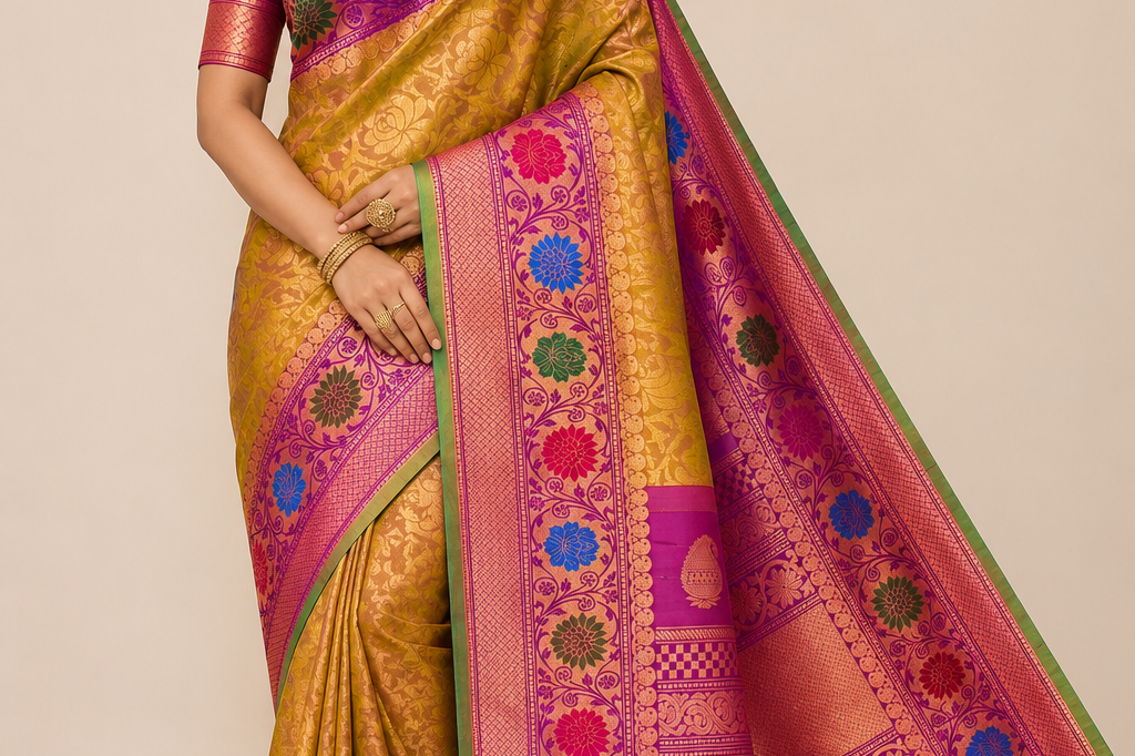 Dual Shade Green & Purple Gadwal Silk Saree