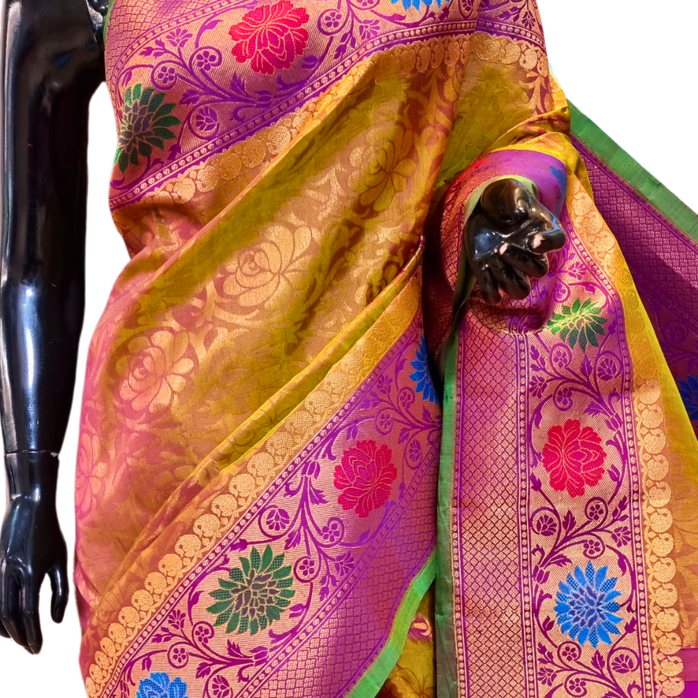 Dual Shade Green and Purple Pure Handloom Gadwal Silk Saree with purple Meena turning borders and rich zari brocade pallu

