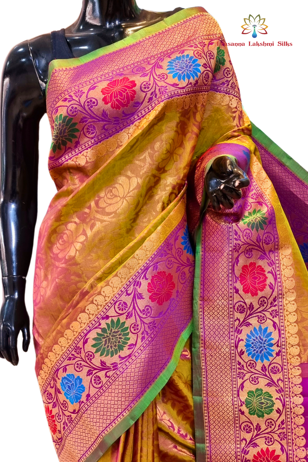 Dual Shade Green and Purple Pure Handloom Gadwal Silk Saree with purple Meena turning borders and rich zari brocade pallu

