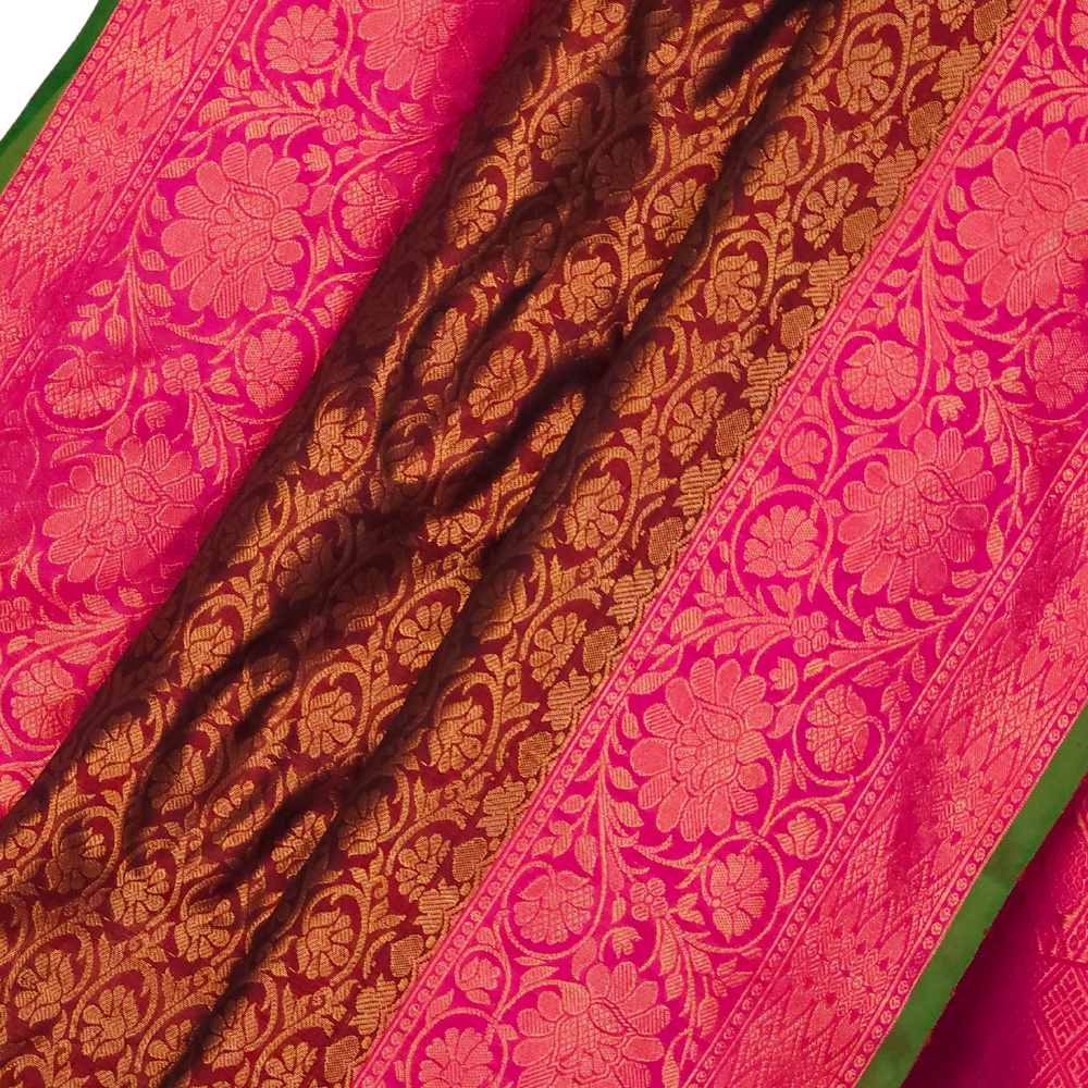 Elegant Telugu traditional Gadwal silk saree in chocolate brown with pink blouse piece

