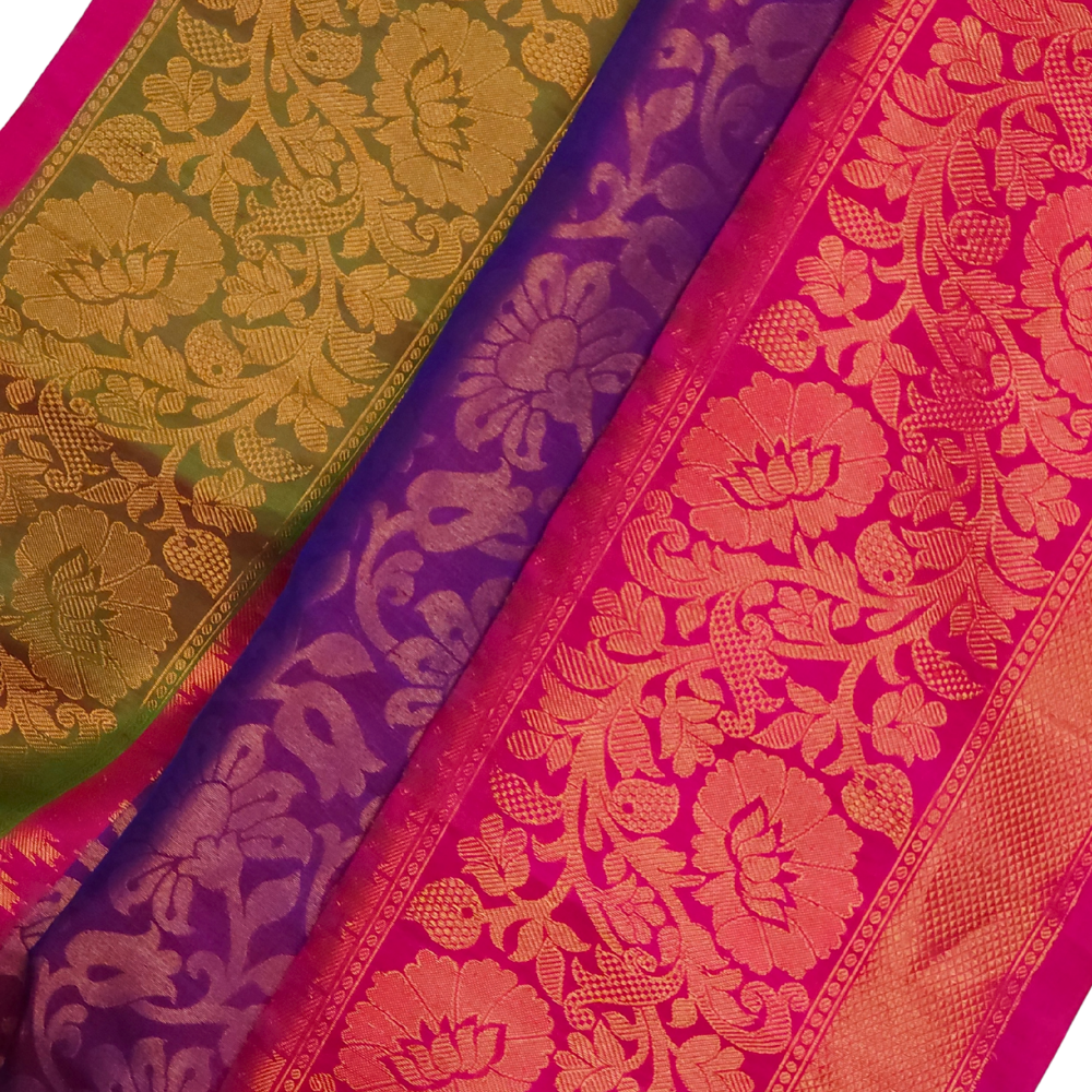 Elegant Telugu traditional Gadwal silk saree in dual shade blue red with pink blouse piece


