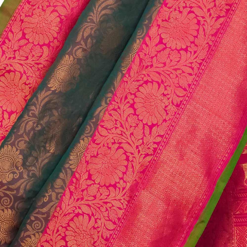 Elegant Telugu traditional Gadwal silk saree in dual shade green red with pink blouse piece

