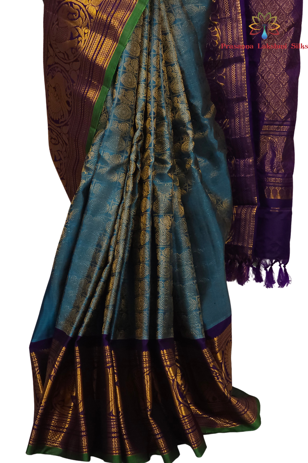 Elegant Telugu traditional Gadwal silk saree in light blue with dark blue blouse piece

