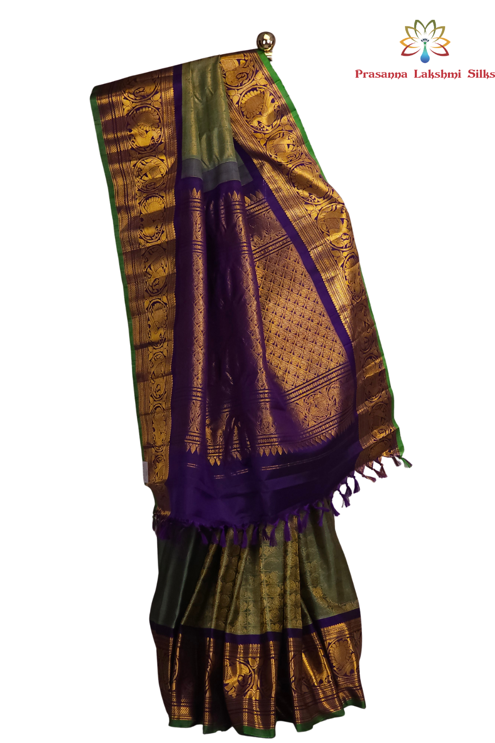 Elegant Telugu traditional Gadwal silk saree in mint green with dark blue blouse piece

