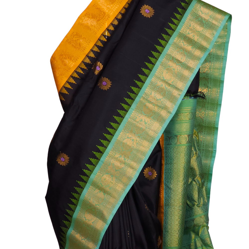Elegant black pure silk Gadwal saree with sea green blouse piece and brocade pallu from Prasanna Lakshmi Silks

