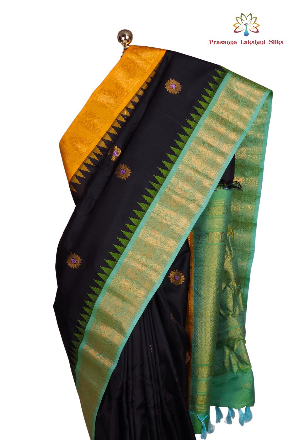 Elegant black pure silk Gadwal saree with sea green blouse piece and brocade pallu from Prasanna Lakshmi Silks

