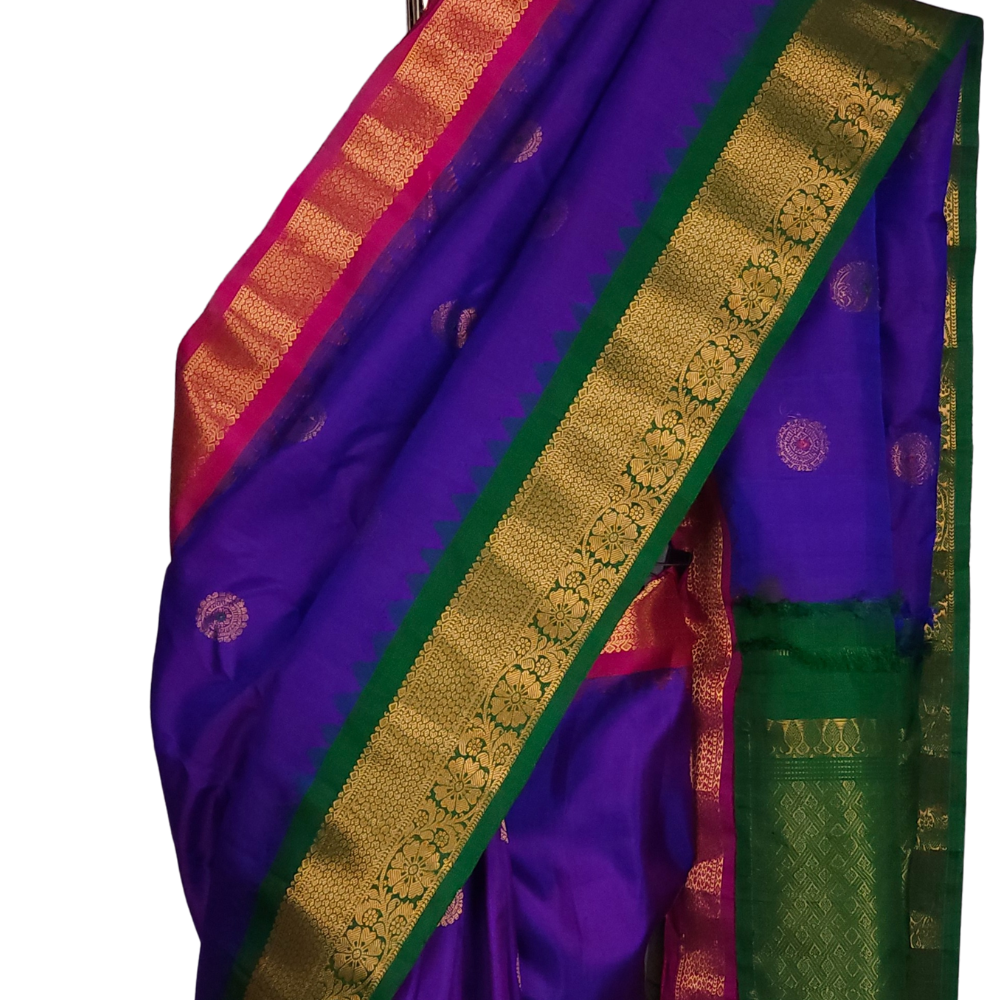 Elegant violet pure silk Gadwal saree with Ganga Jamuna border from Prasanna Lakshmi Silks

