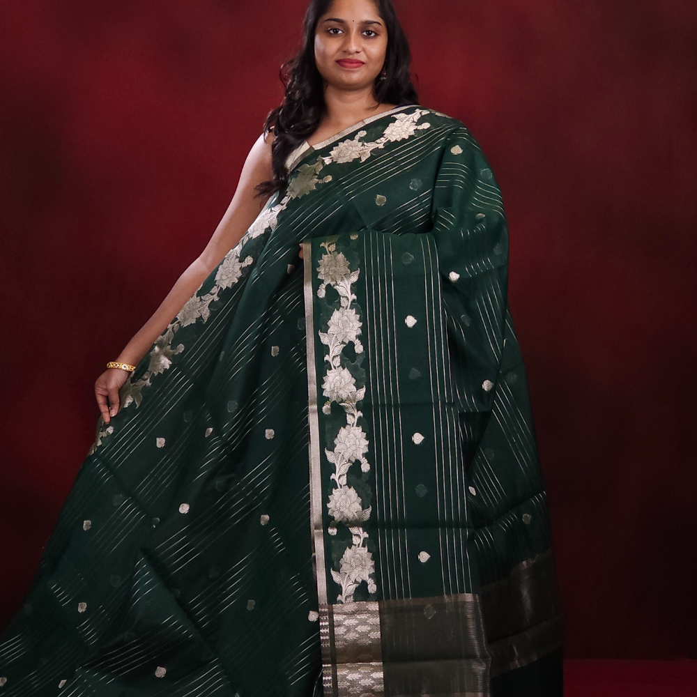  Bottle Green Chanderi Saree with stripes