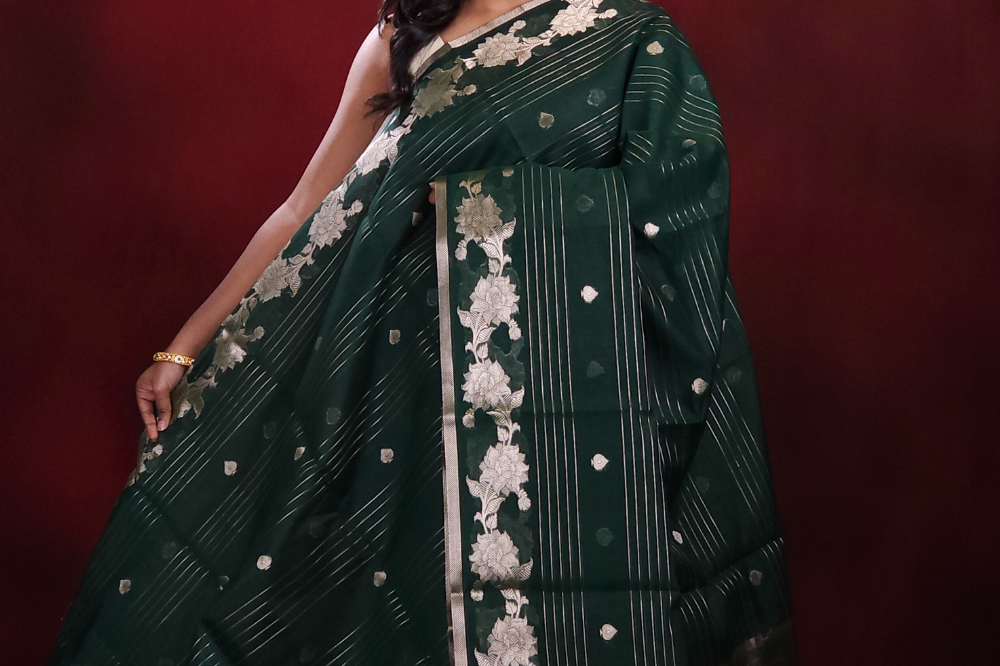  Bottle Green Chanderi Saree with stripes