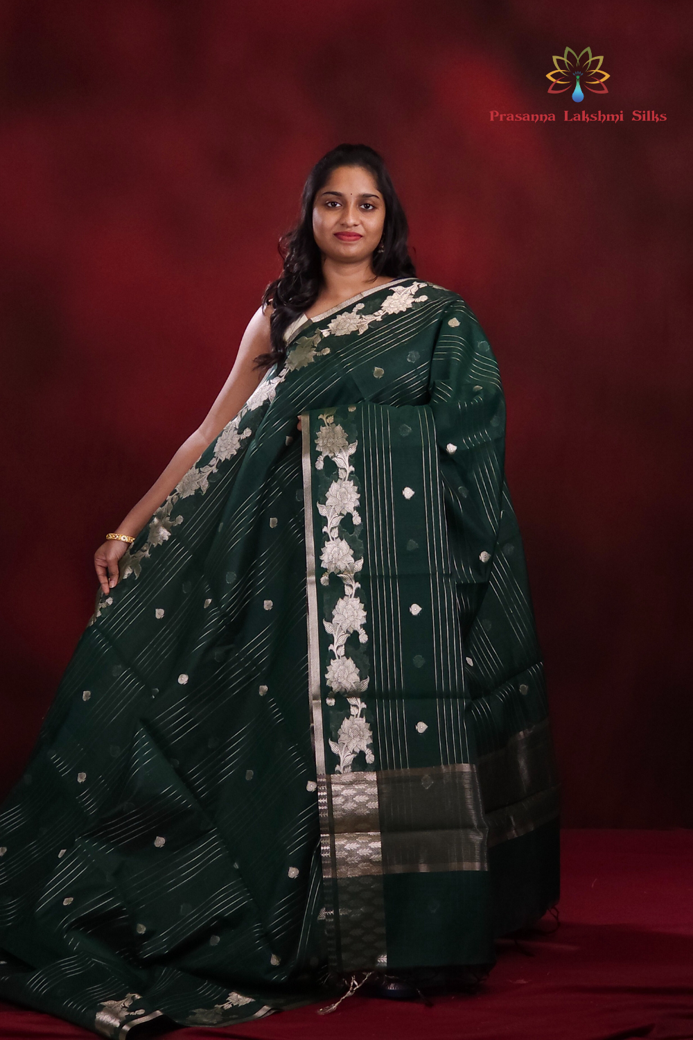  Bottle Green Chanderi Saree with stripes