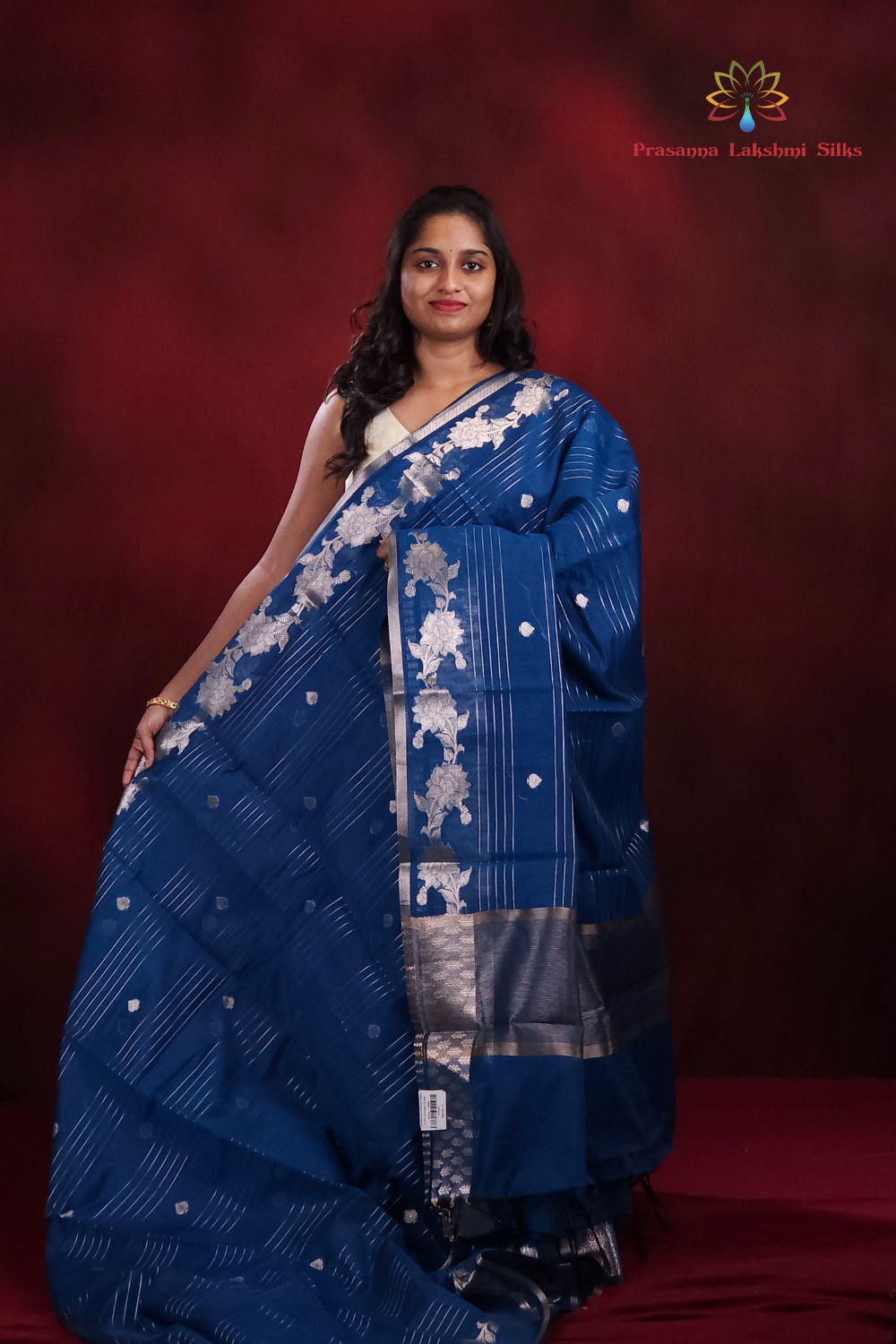 Prussian Blue Chanderi Saree with zari stripes 