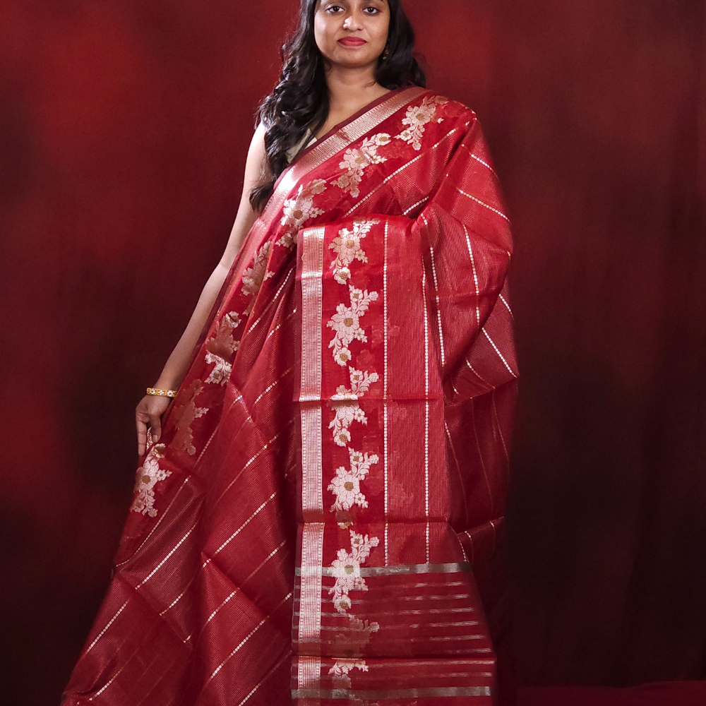 Maroon Chanderi Saree WITH STRIPES