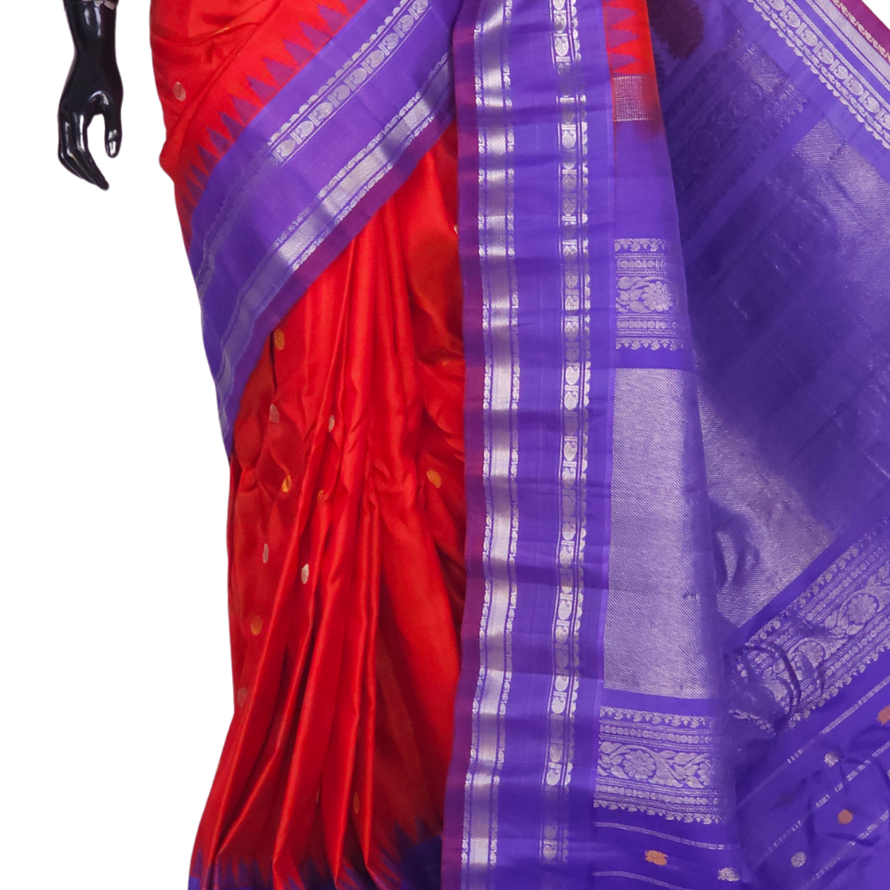 Festive dark orange pure silk Gadwal saree with rich brocade pallu from Prasanna Lakshmi Silks
