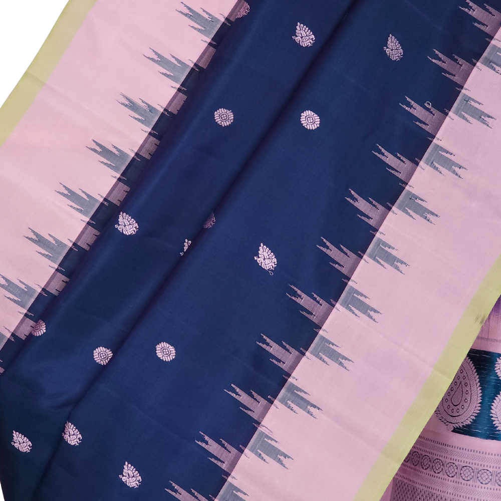 Festive peacock blue pure Gadwal silk saree with lotus pink border from Prasanna Lakshmi Silks

