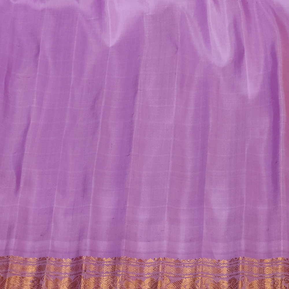 Festive yellow pure silk Gadwal saree with lavender blouse piece from Prasanna Lakshmi Silks

