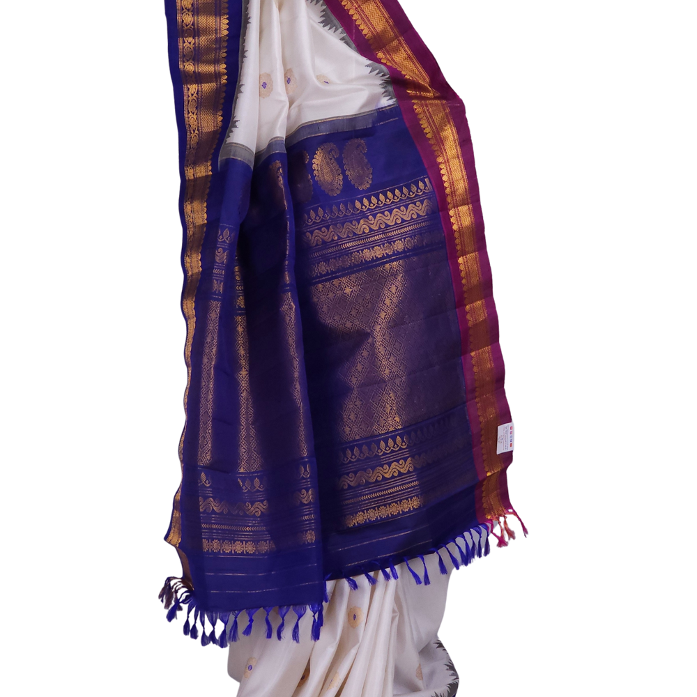 Elegant Half White Gadwal silk saree with Ganga Jamuna border from Prasanna Lakshmi Silks

