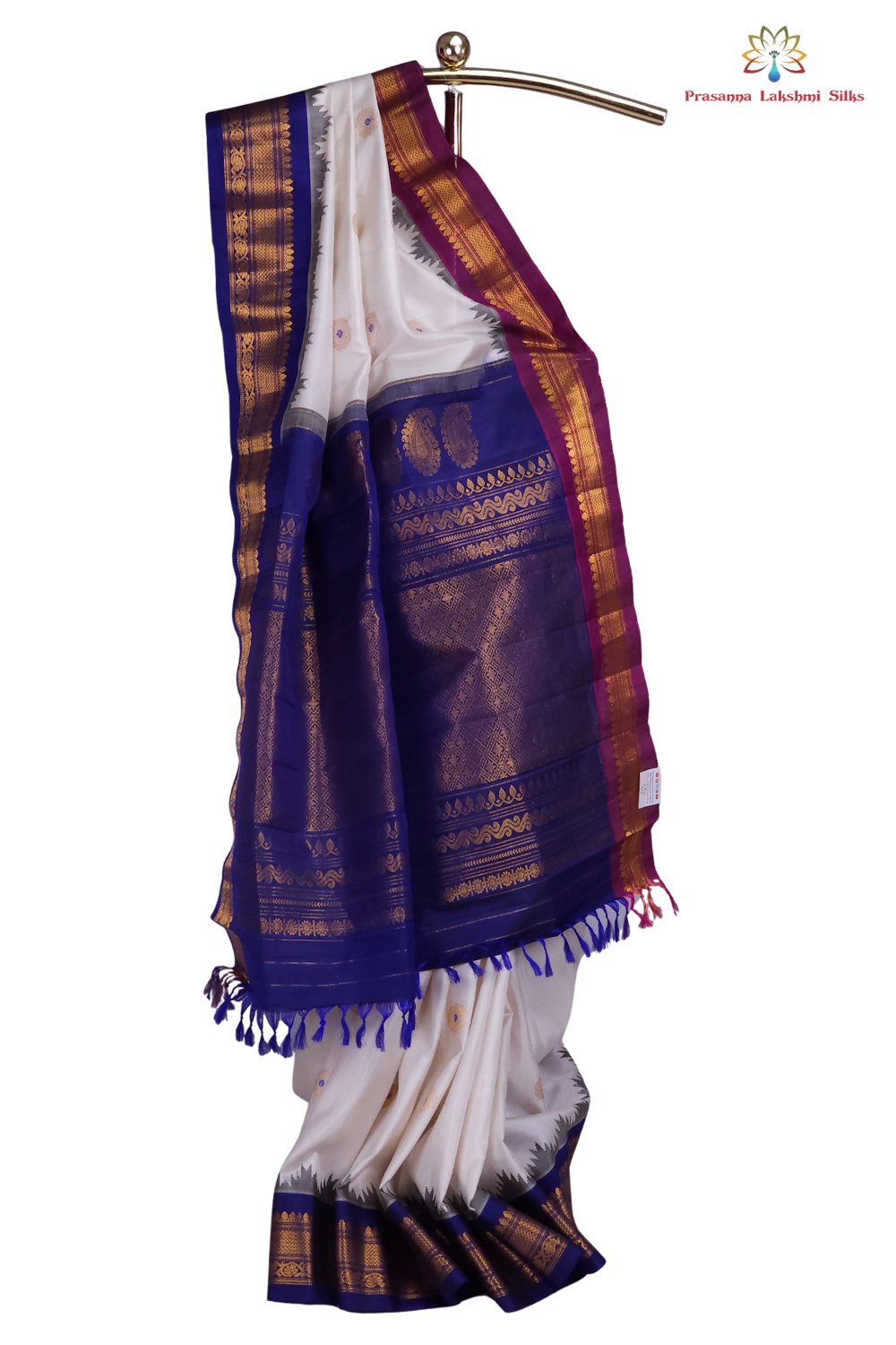 Elegant Half White Gadwal silk saree with Ganga Jamuna border from Prasanna Lakshmi Silks

