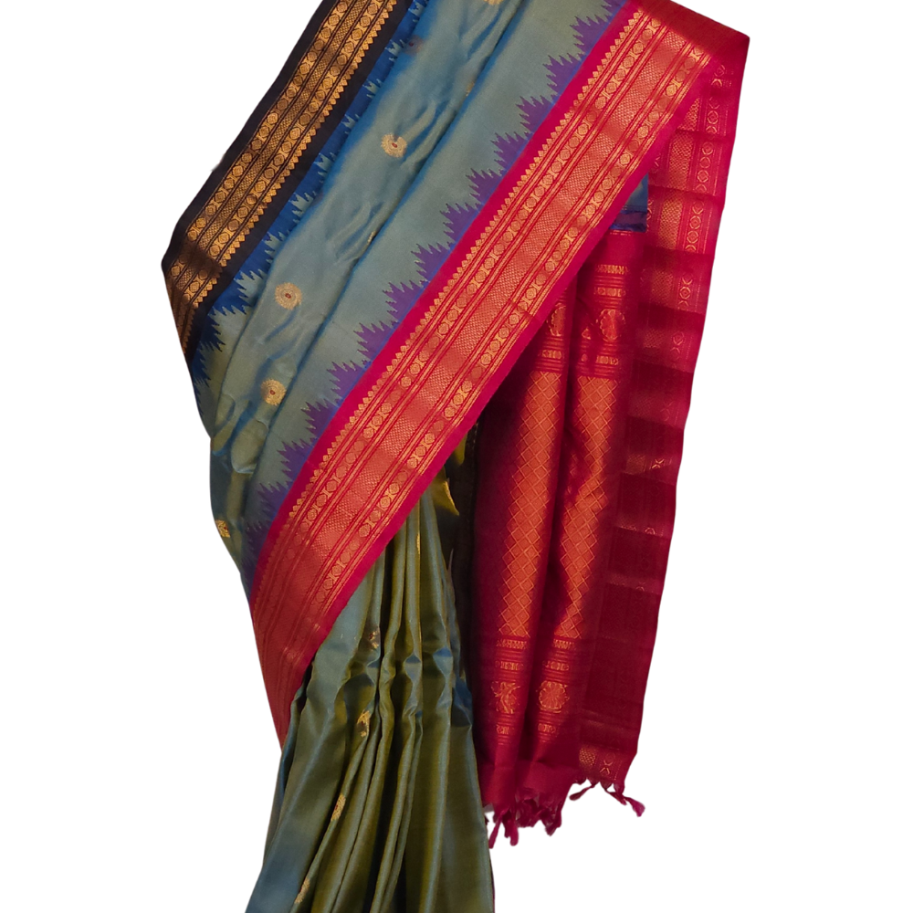 Gold Blue Gadwal Pure Silk Saree with Ganga Border 