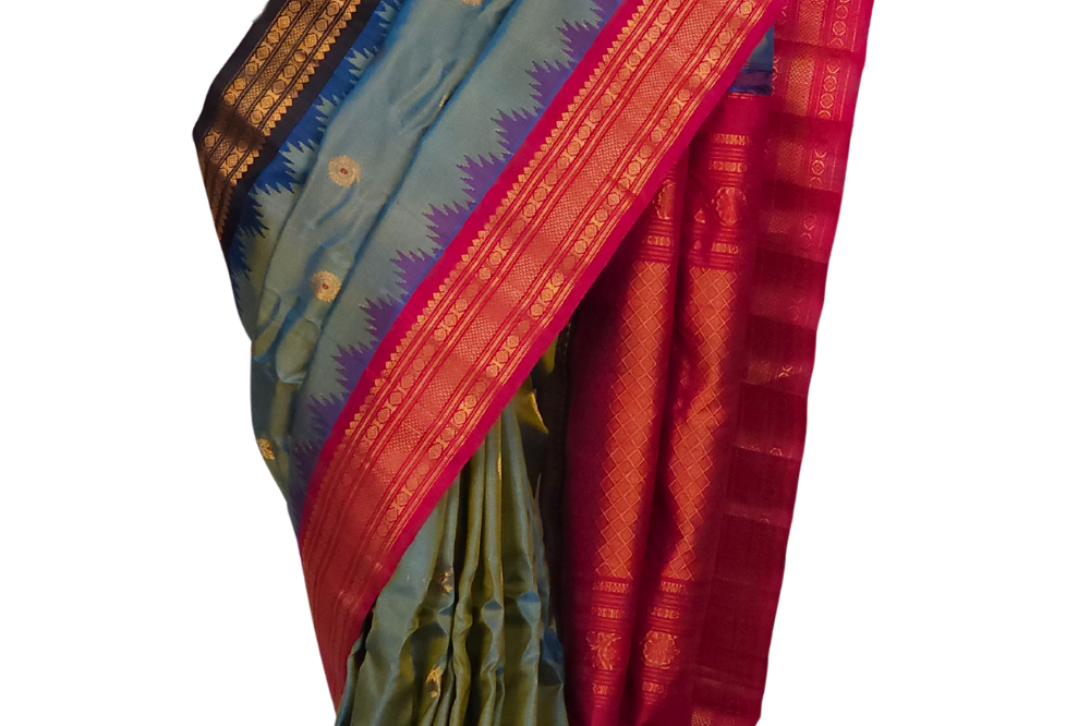 Gold Blue Gadwal Pure Silk Saree with Ganga Border 