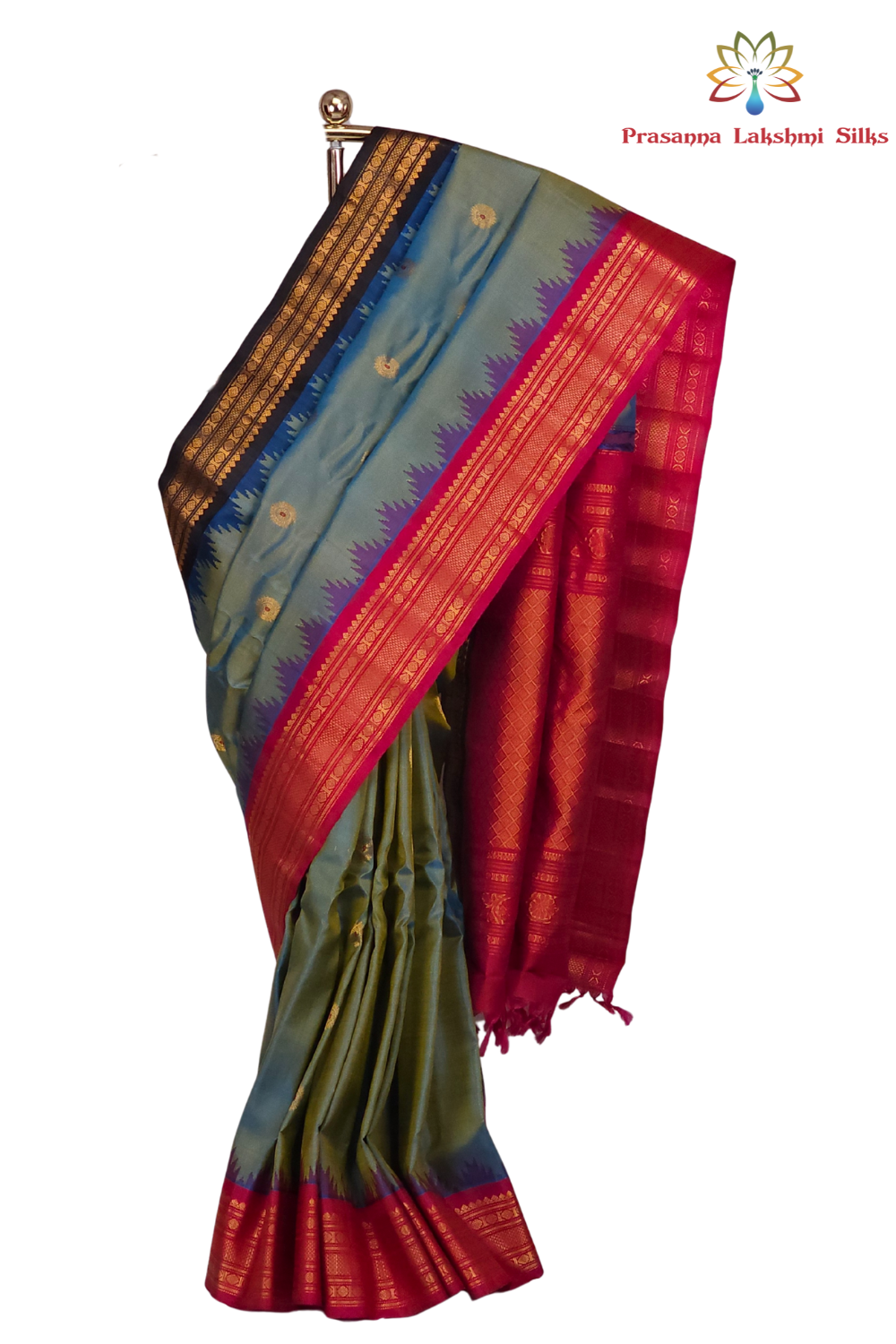 Gold Blue Gadwal Pure Silk Saree with Ganga Border 