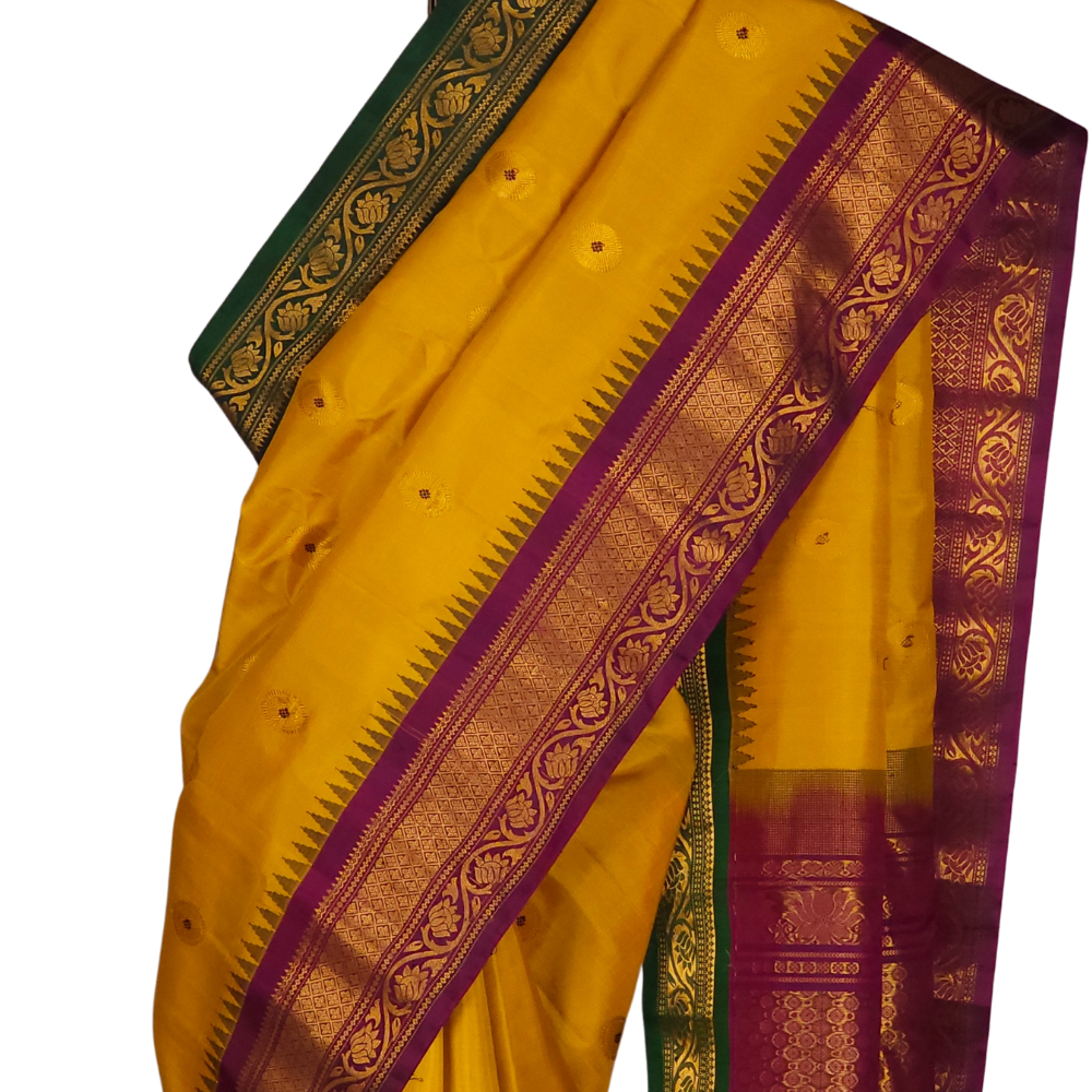 Gold Yellow Handloom Gadwal Pure Silk Saree with Deep Purple and Green Ganga Jamuna zari woven borders and brocade pallu

