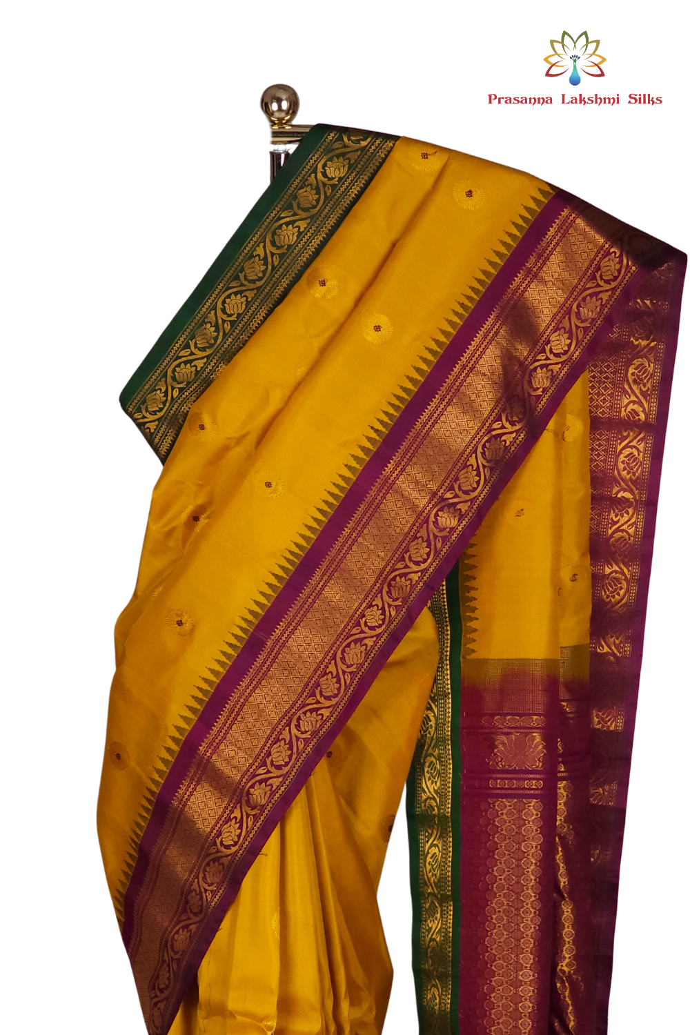 Gold Yellow Handloom Gadwal Pure Silk Saree with Deep Purple and Green Ganga Jamuna zari woven borders and brocade pallu

