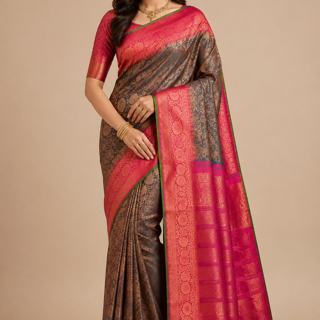 Green & Red Gadwal Silk Saree with Pink Border