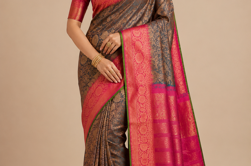 Green & Red Gadwal Silk Saree with Pink Border