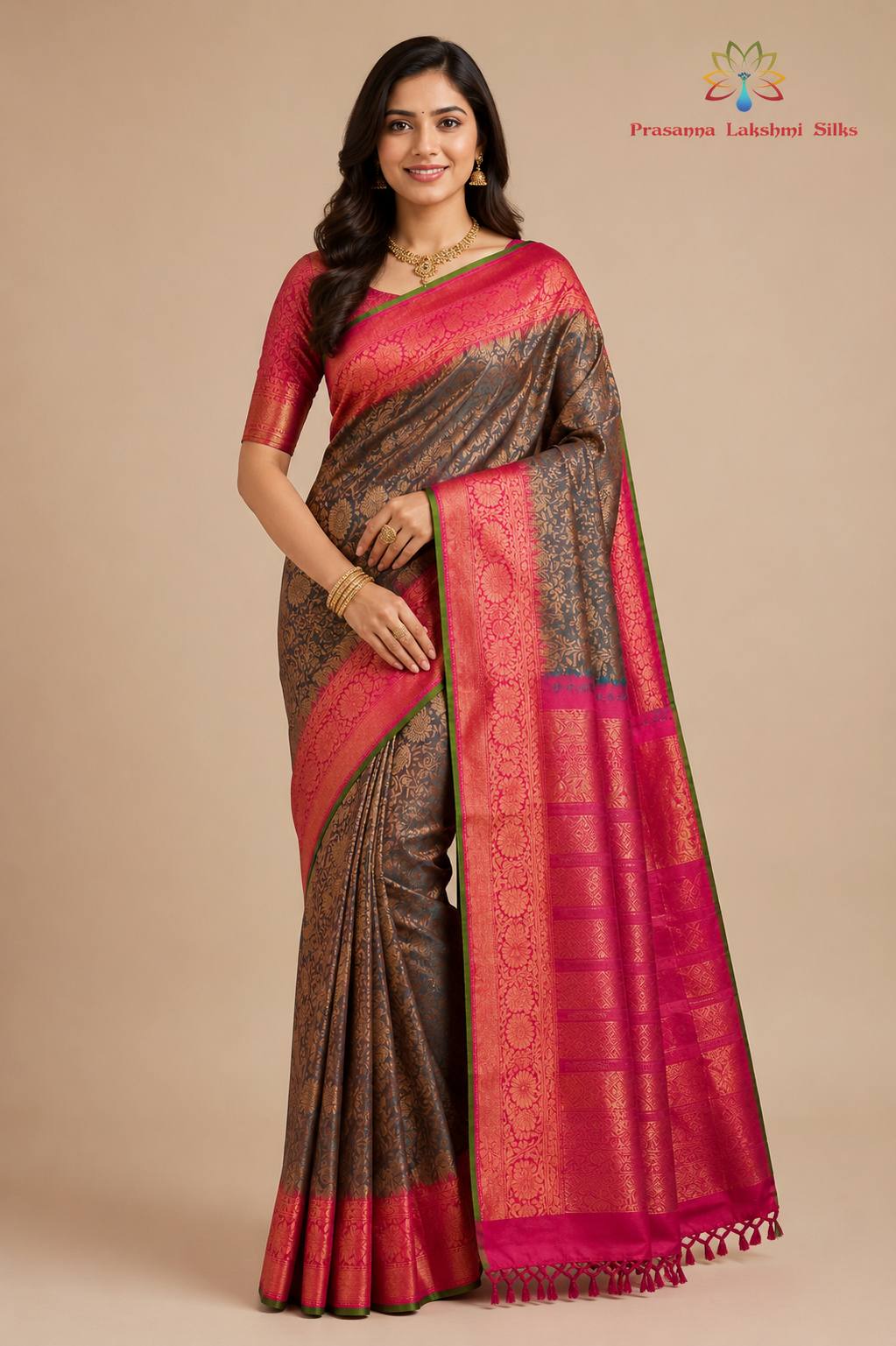 Green & Red Gadwal Silk Saree with Pink Border
