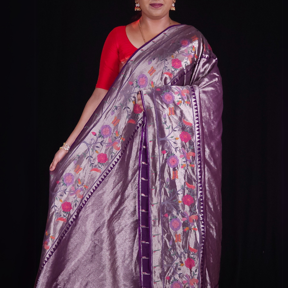 "Deep purple Ptissue saree with floral pallu and running blouse"