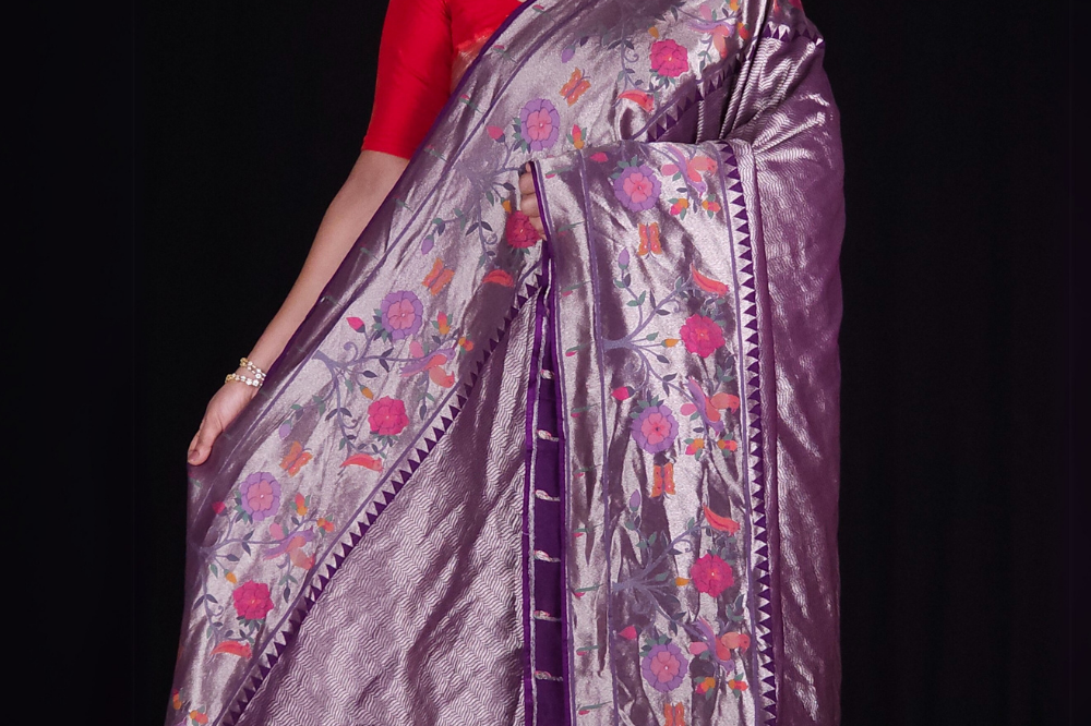 "Deep purple Ptissue saree with floral pallu and running blouse"